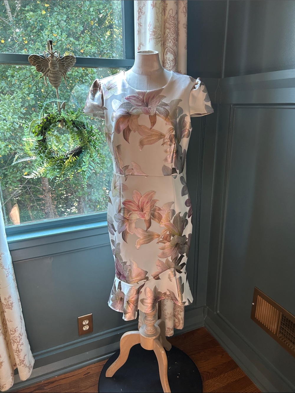 Enfocus Studio White Floral Midi Dress with Pink & Green Blooms